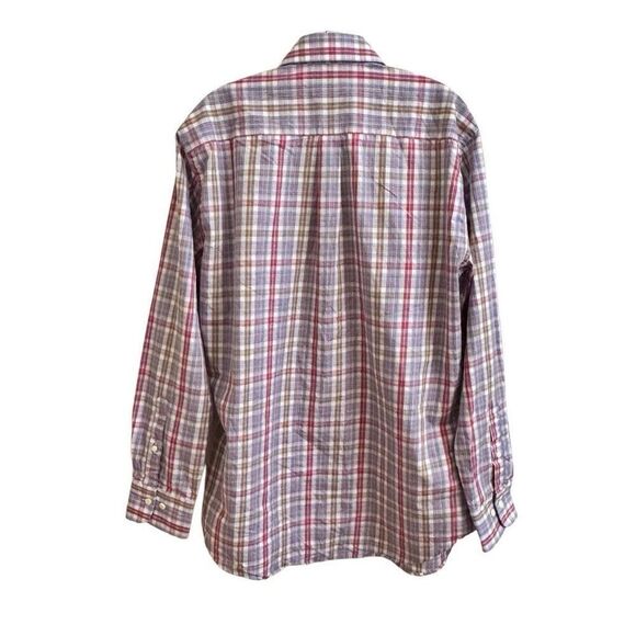 Peter Millar Button Down Dress Shirt Plaid Red White Blue Tan Men's Size Large - Picture 2 of 4